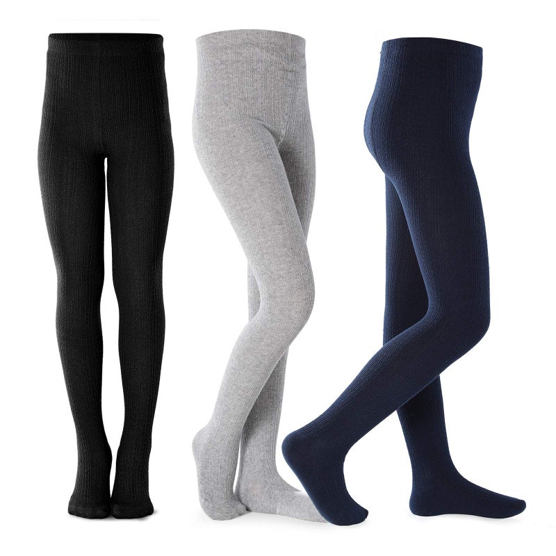 Petrass Girls Tights Toddler Cable Knit Cotton Footed Seamless Dance Ballet Baby Girls' Leggings 3 Pack Grey/Black/Navy 5-6Y - Image 1